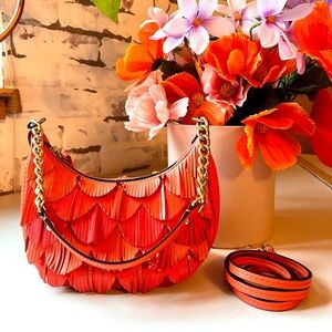 Coach Poppy Limited Edition Orange Leather Fringe Mini Hobo w Gold Chain Rare